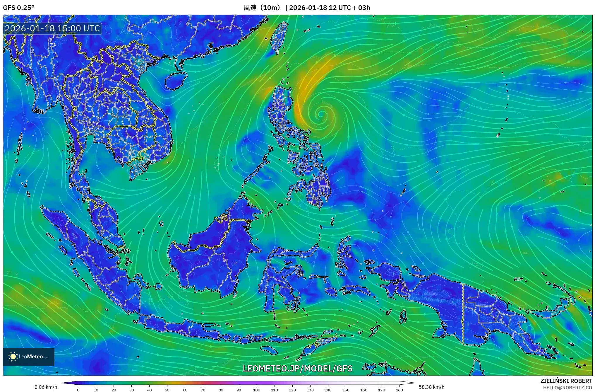 GFS model - 東南アジア, 風速（10m）
