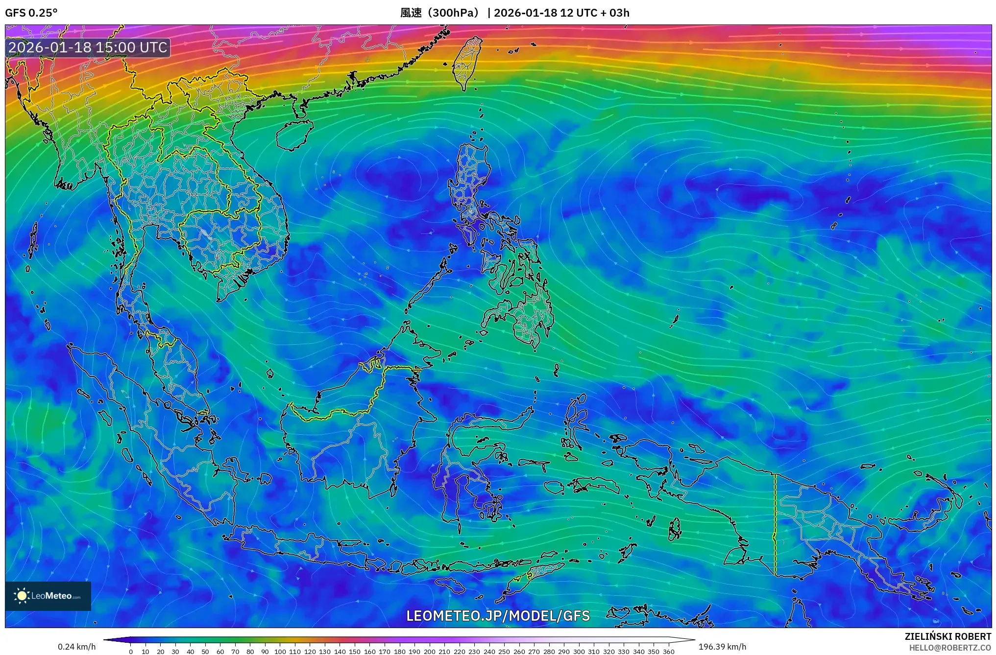 GFS model - 東南アジア, 風速（300hPa）
