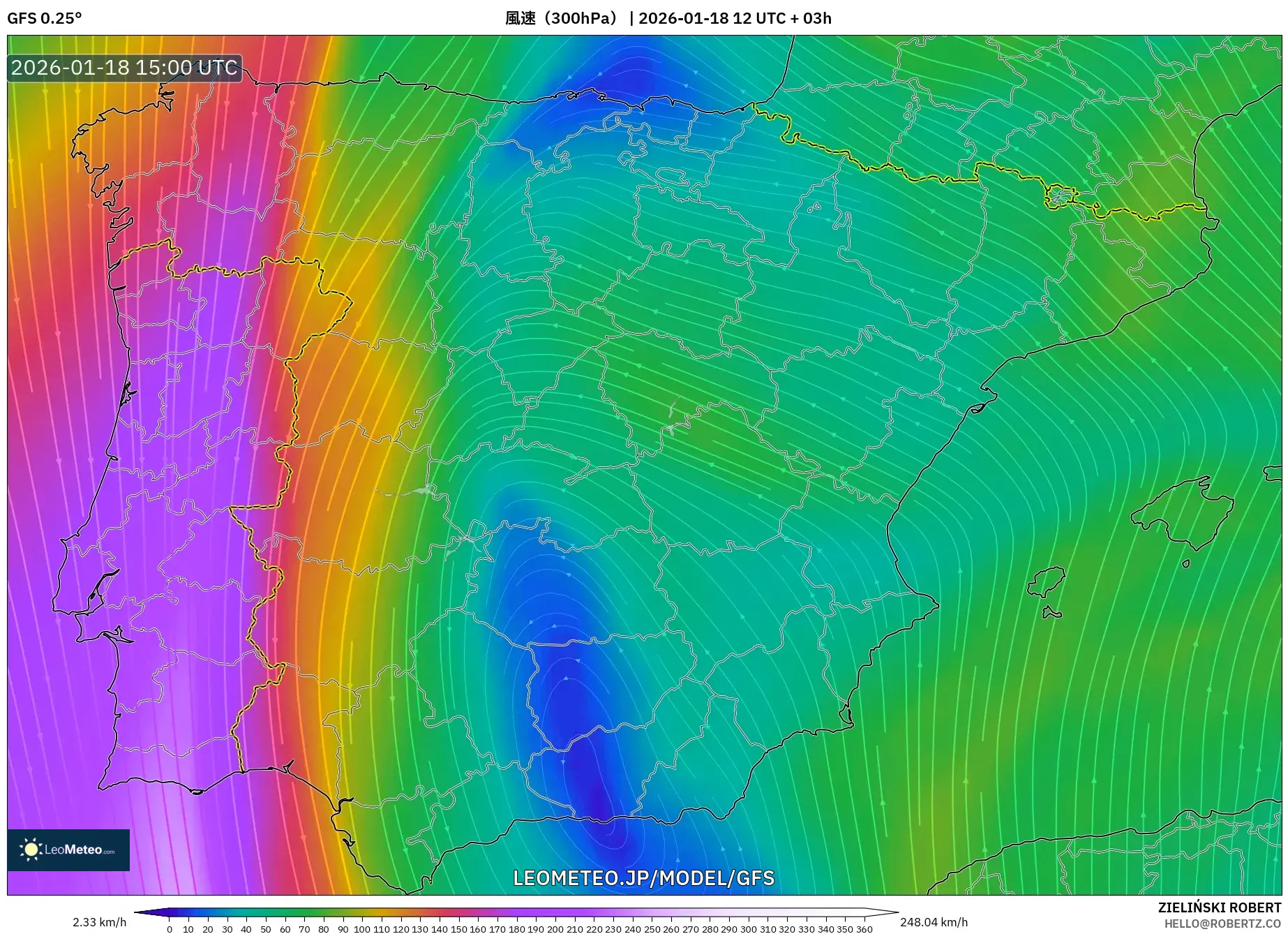 GFS model - スペイン, 風速（300hPa）