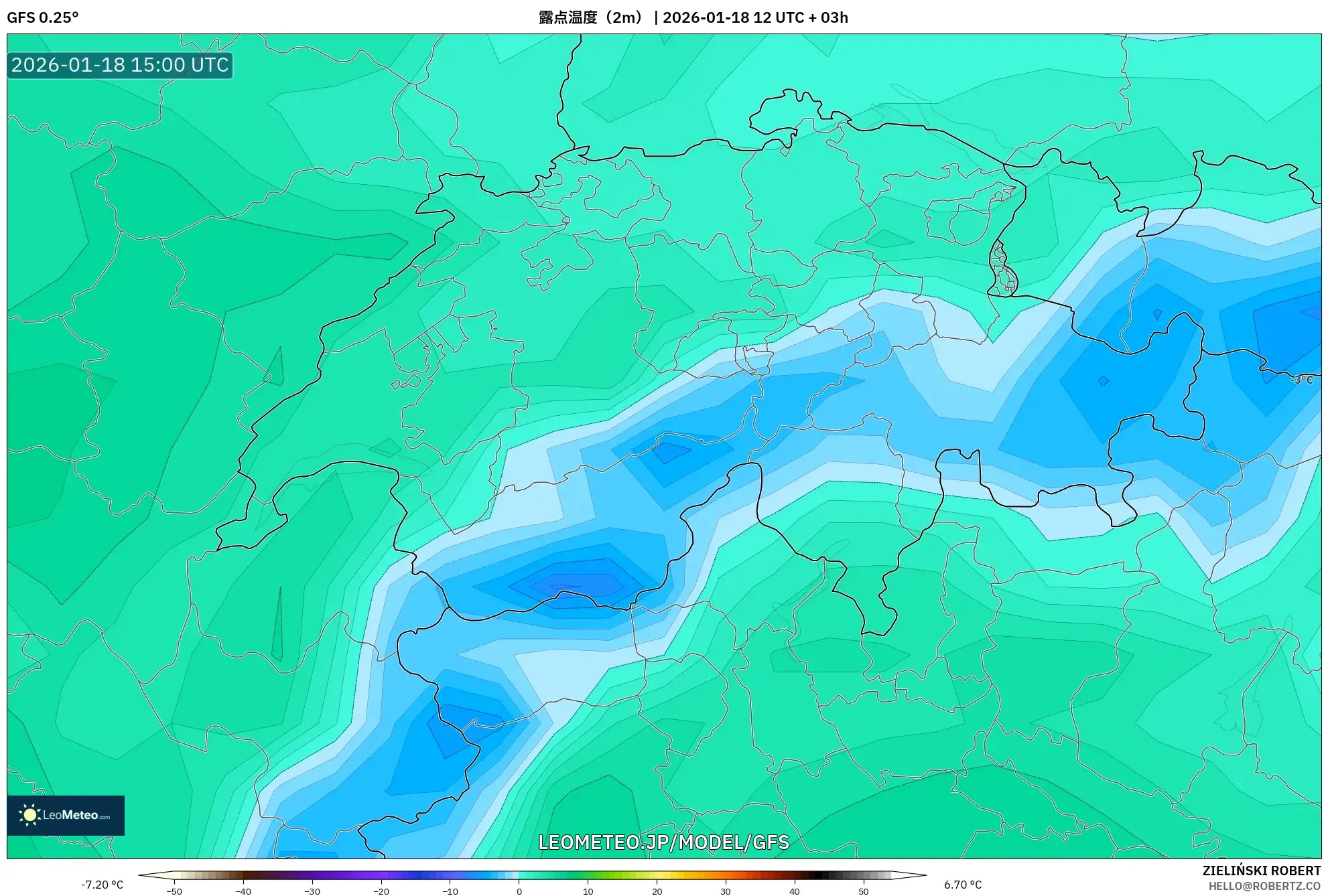 GFS model - スイス, 露点温度（2m）