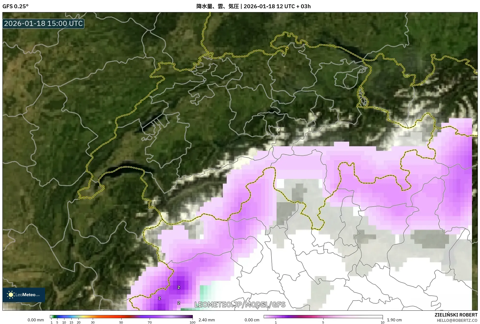 GFS model - スイス, 降水量、雲、気圧
