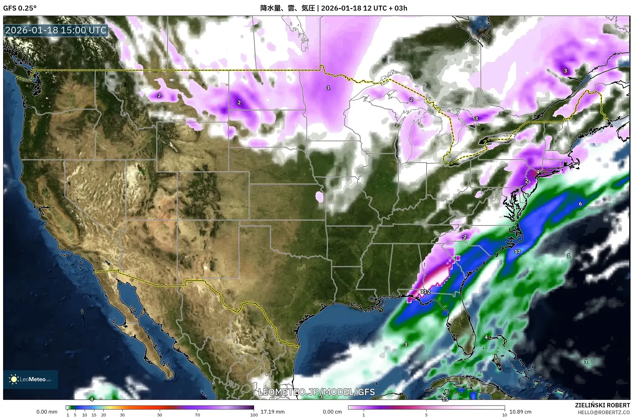 GFS model - アメリカ合衆国, 降水量、雲、気圧
