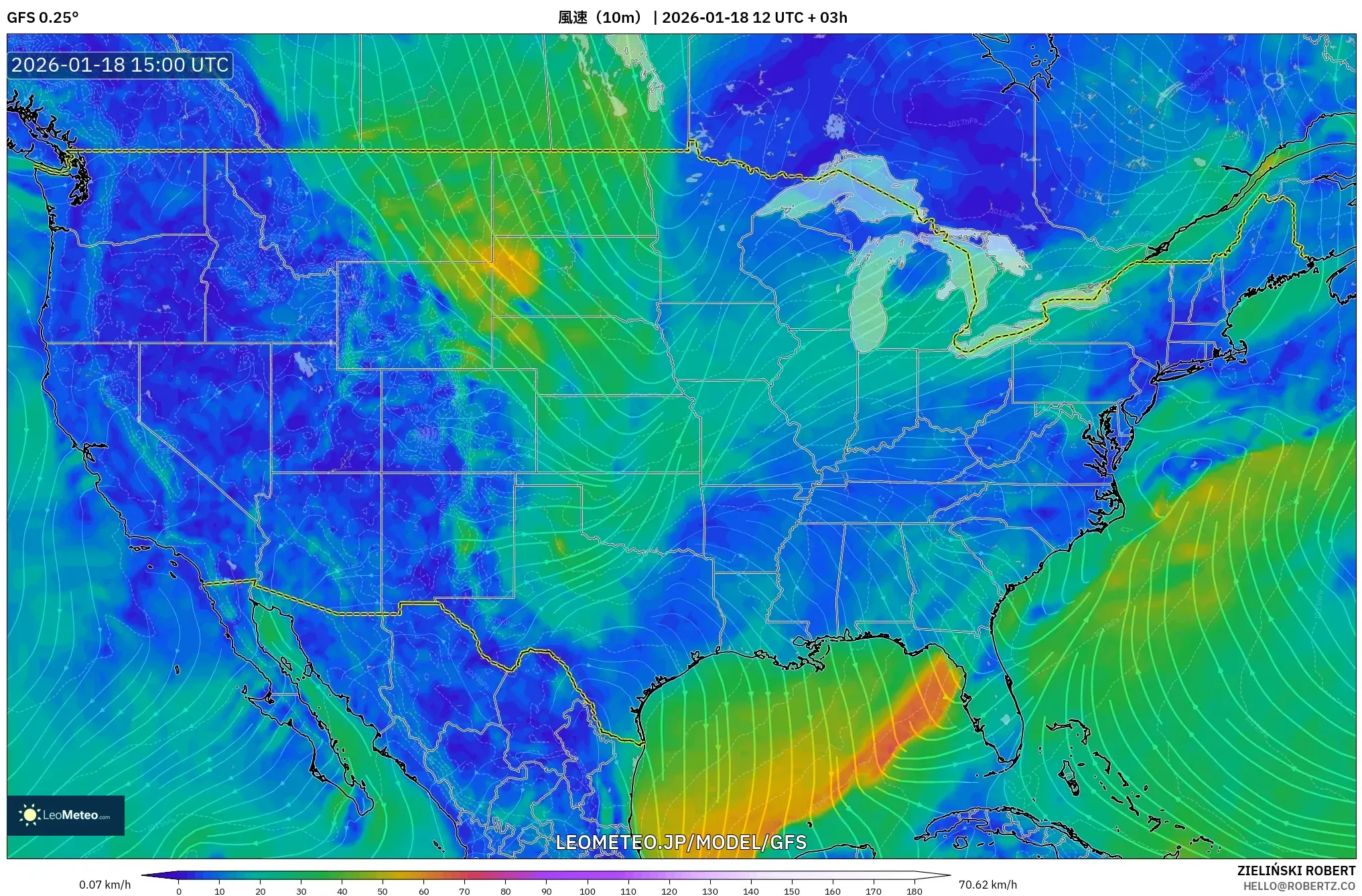 GFS model - アメリカ合衆国, 風速（10m）