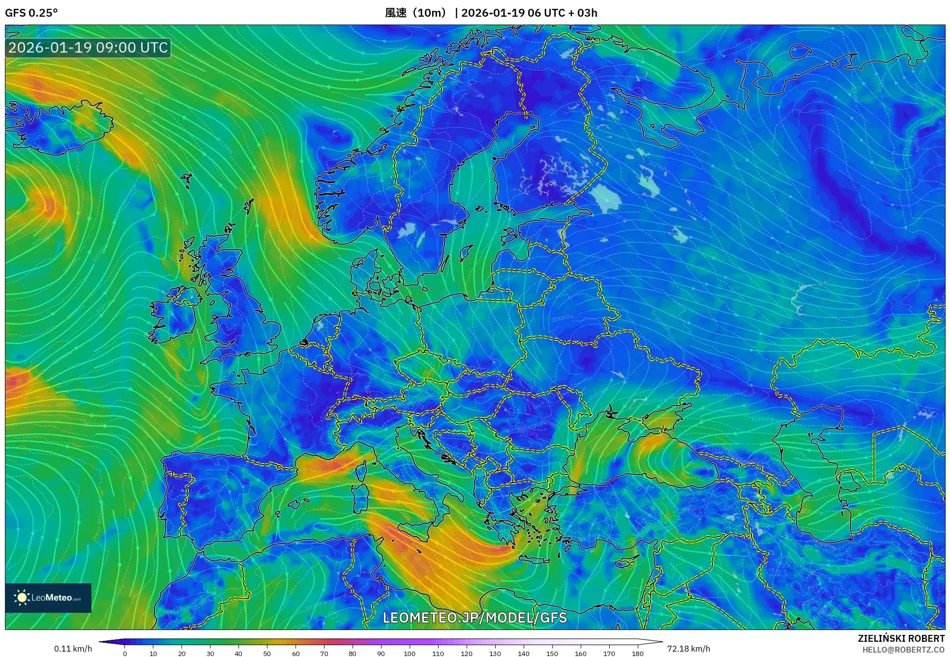 GFS model - ヨーロッパ, 風速（10m）