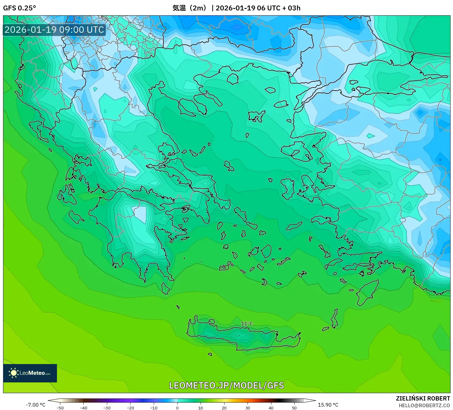 GFS model - ギリシャ, 気温（2m）
