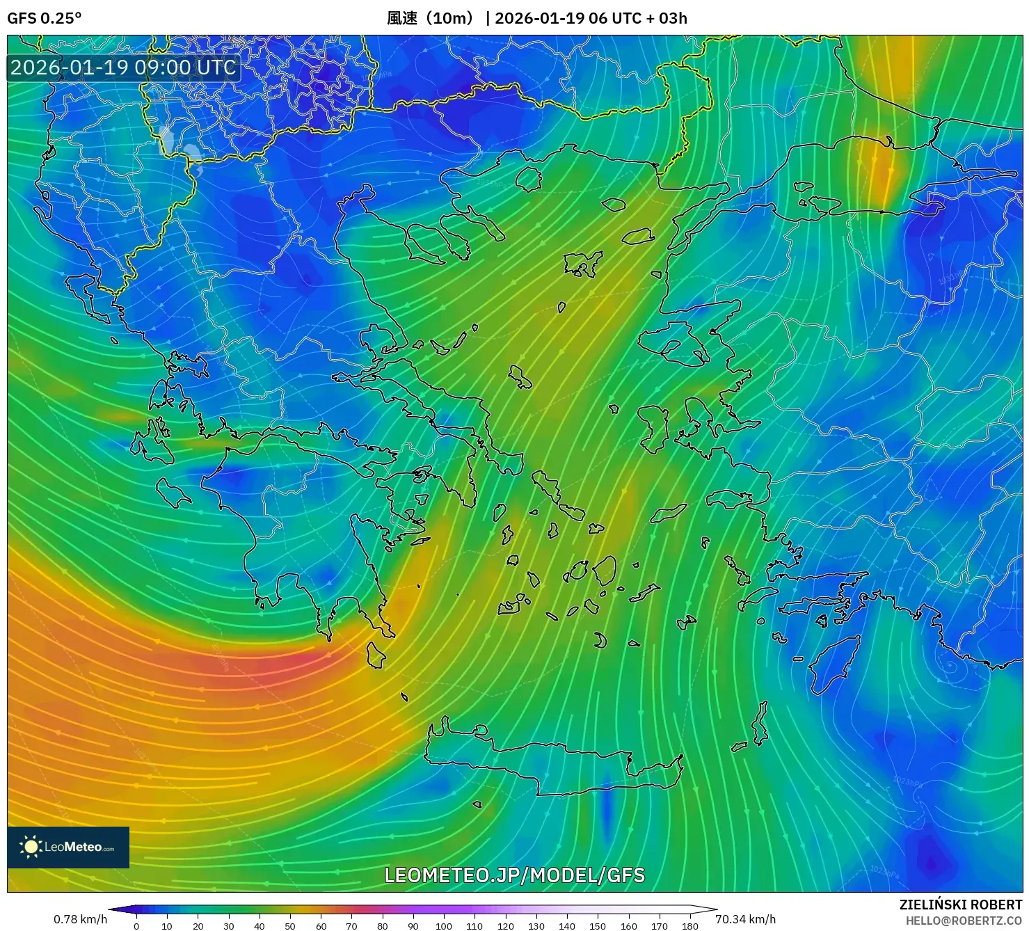 GFS model - ギリシャ, 風速（10m）