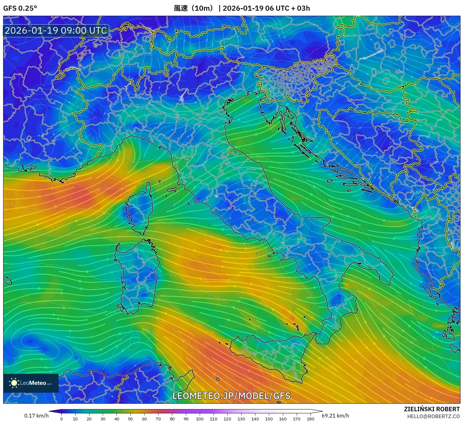 GFS model - イタリア, 風速（10m）