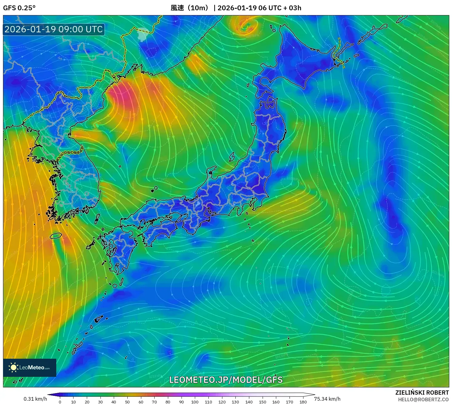 GFS model - 日本, 風速（10m）