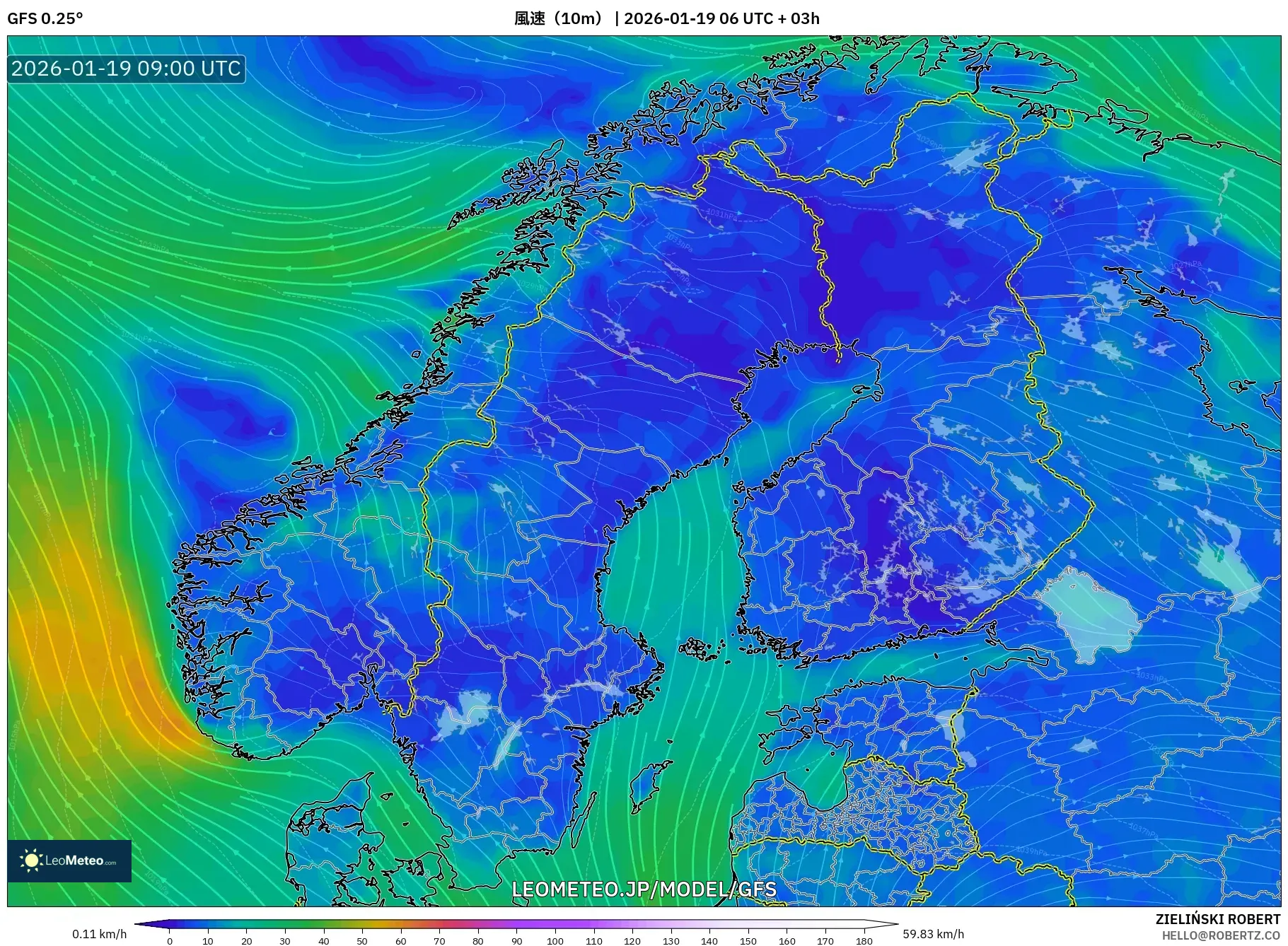 GFS model - スカンジナビア, 風速（10m）