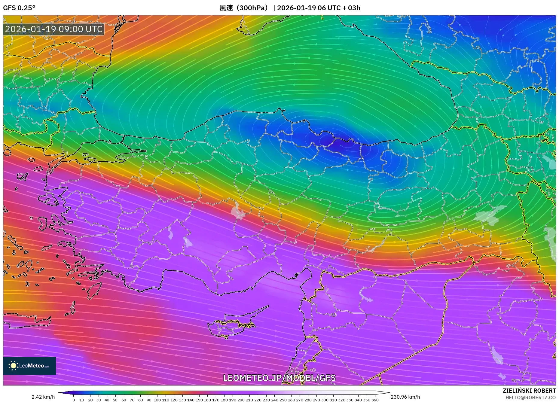 GFS model - トルコ, 風速（300hPa）