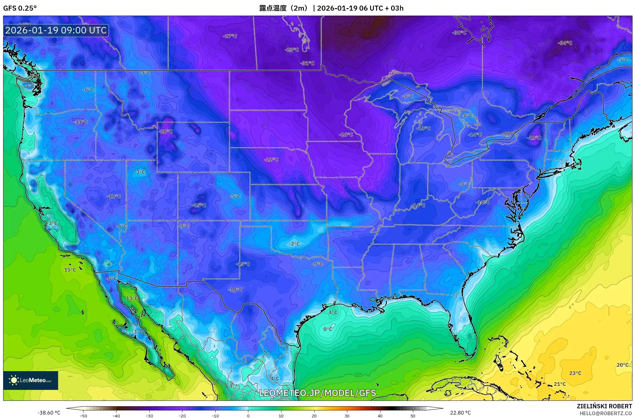 GFS model - アメリカ合衆国, 露点温度（2m）