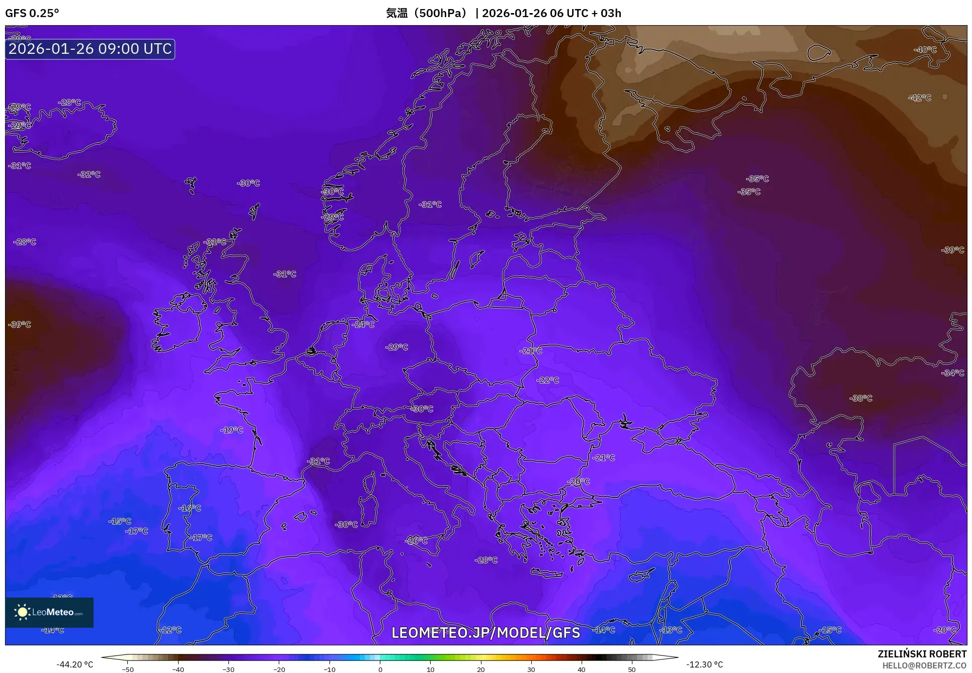 GFS model - ヨーロッパ, 気温（500hPa）
