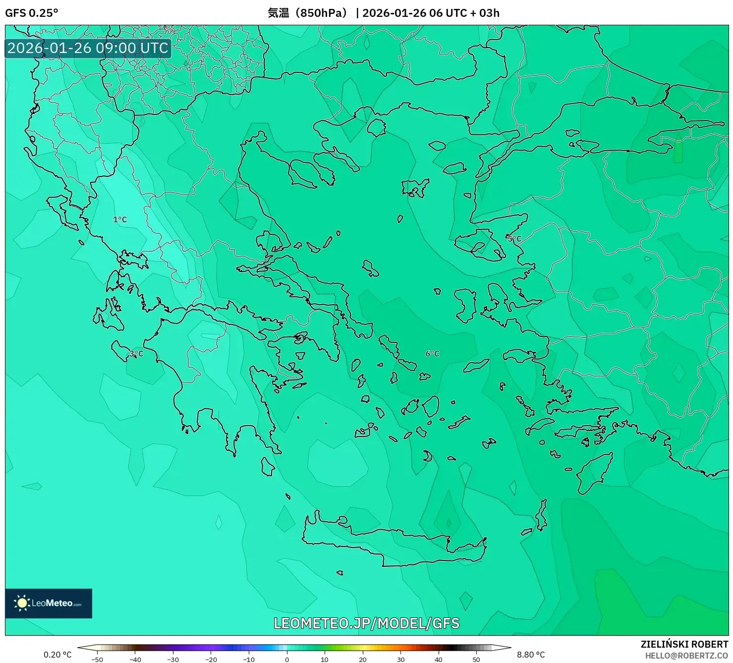 GFS model - ギリシャ, 気温（850hPa）