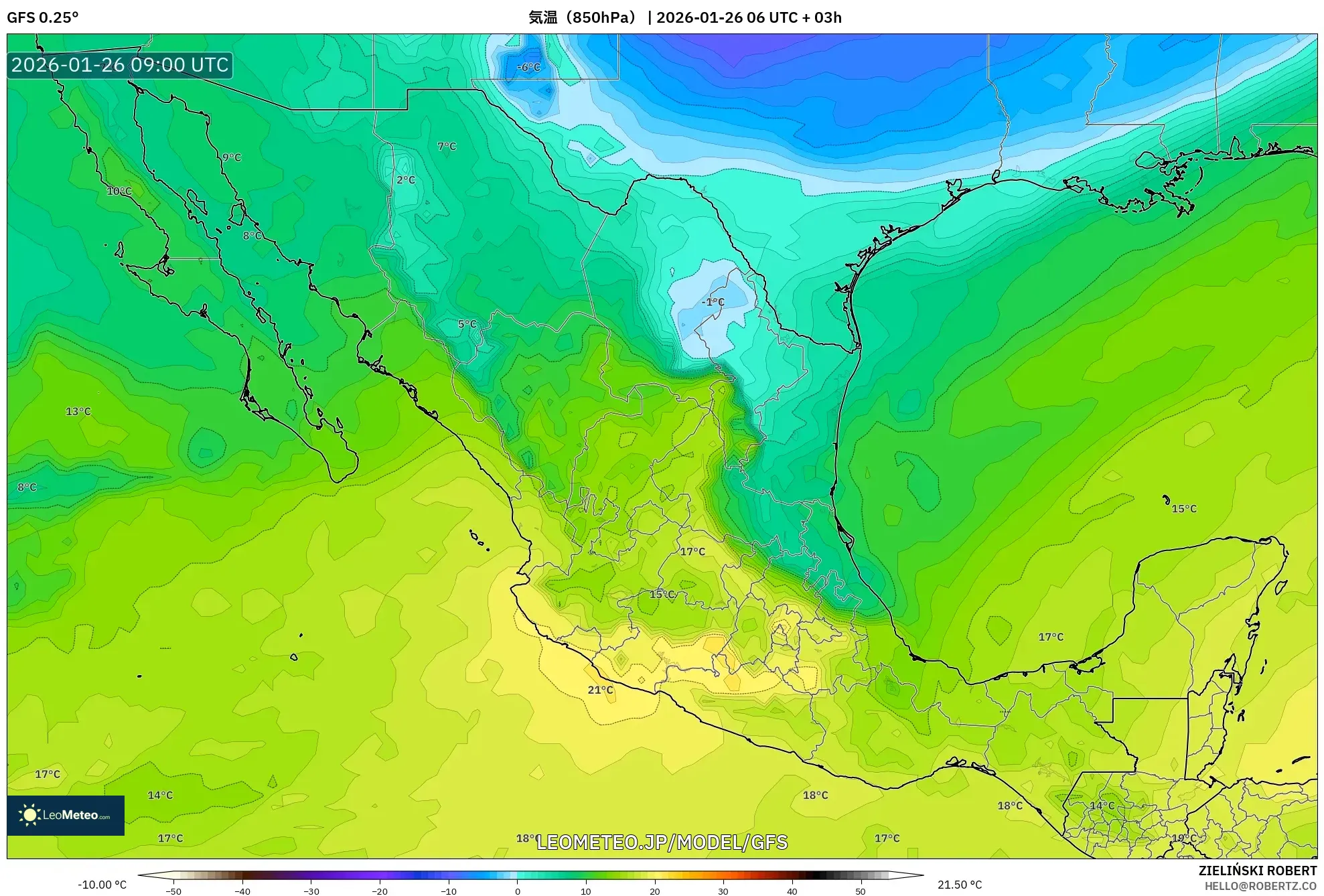 GFS model - メキシコ, 気温（850hPa）