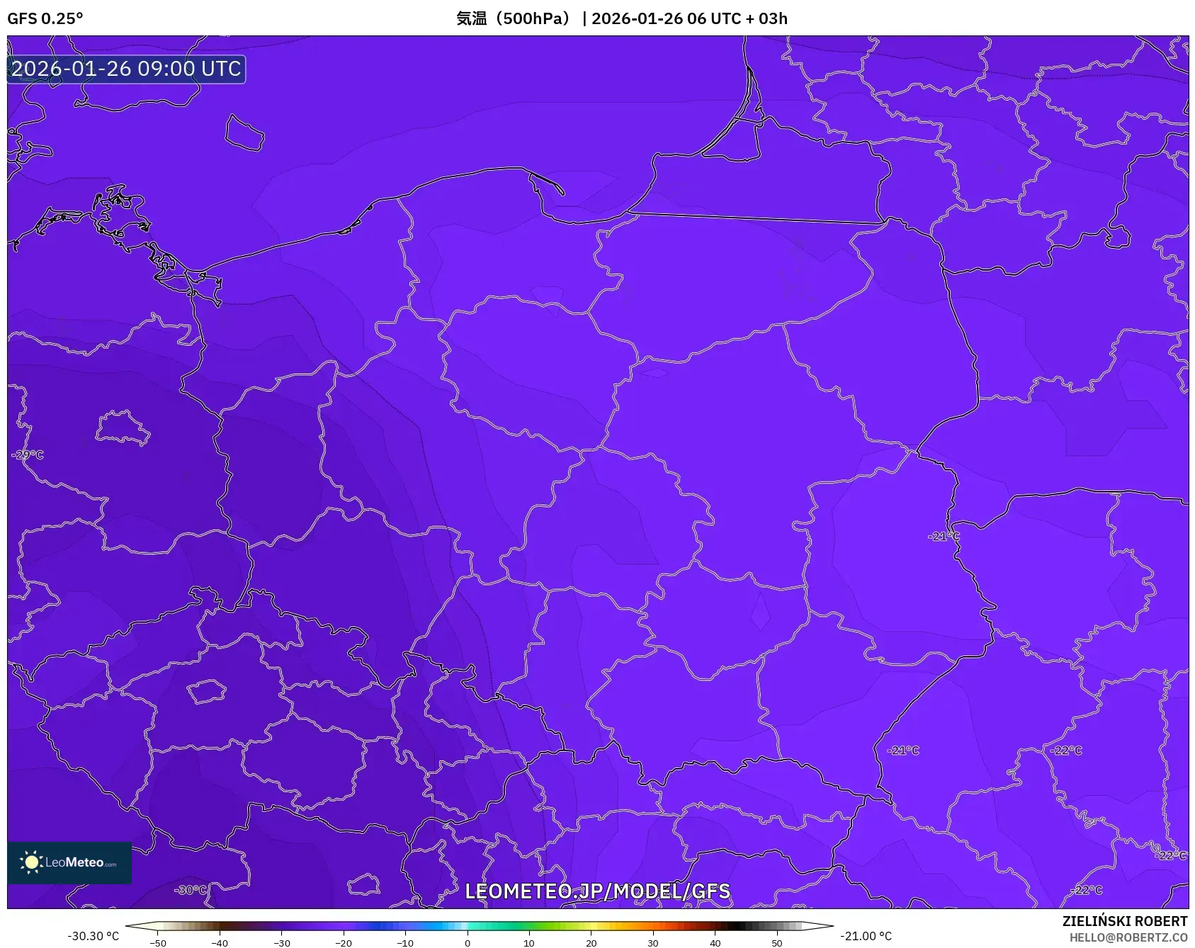 GFS model - ポーランド, 気温（500hPa）
