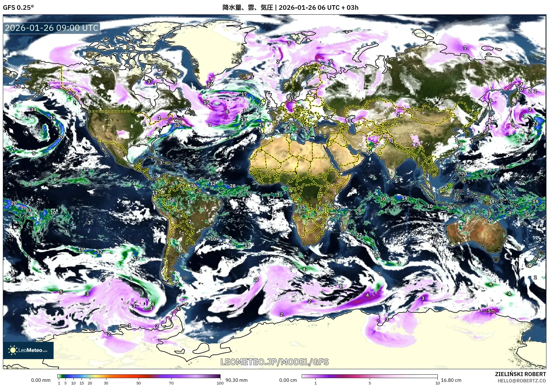 GFS model - 世界, 降水量、雲、気圧