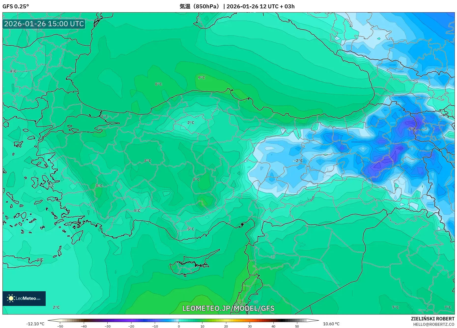 GFS model - トルコ, 気温（850hPa）