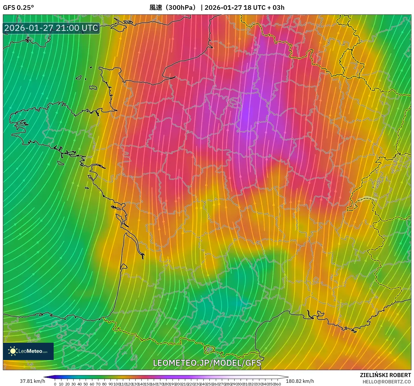 GFS model - フランス, 風速（300hPa）