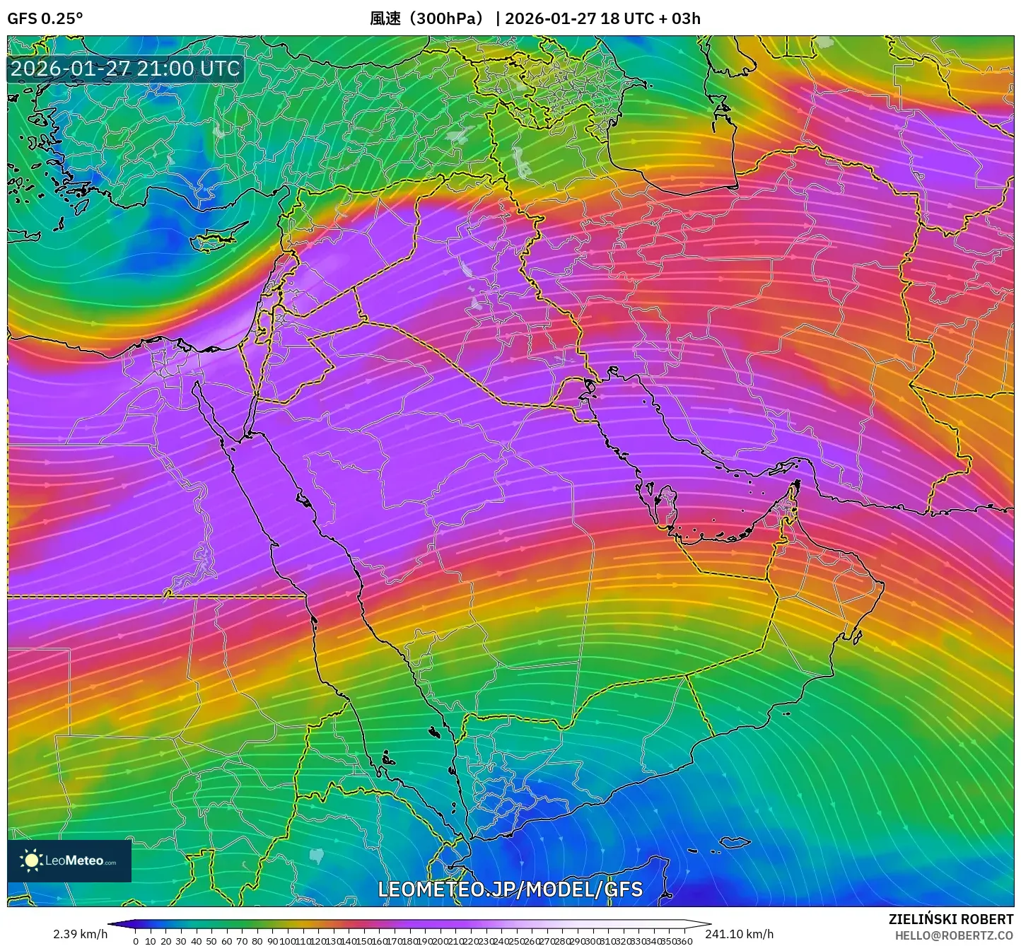 GFS model - 中東, 風速（300hPa）