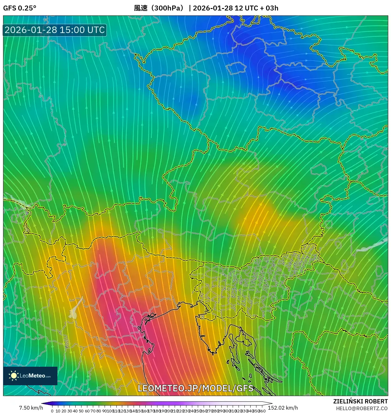 GFS model - オーストリア, 風速（300hPa）