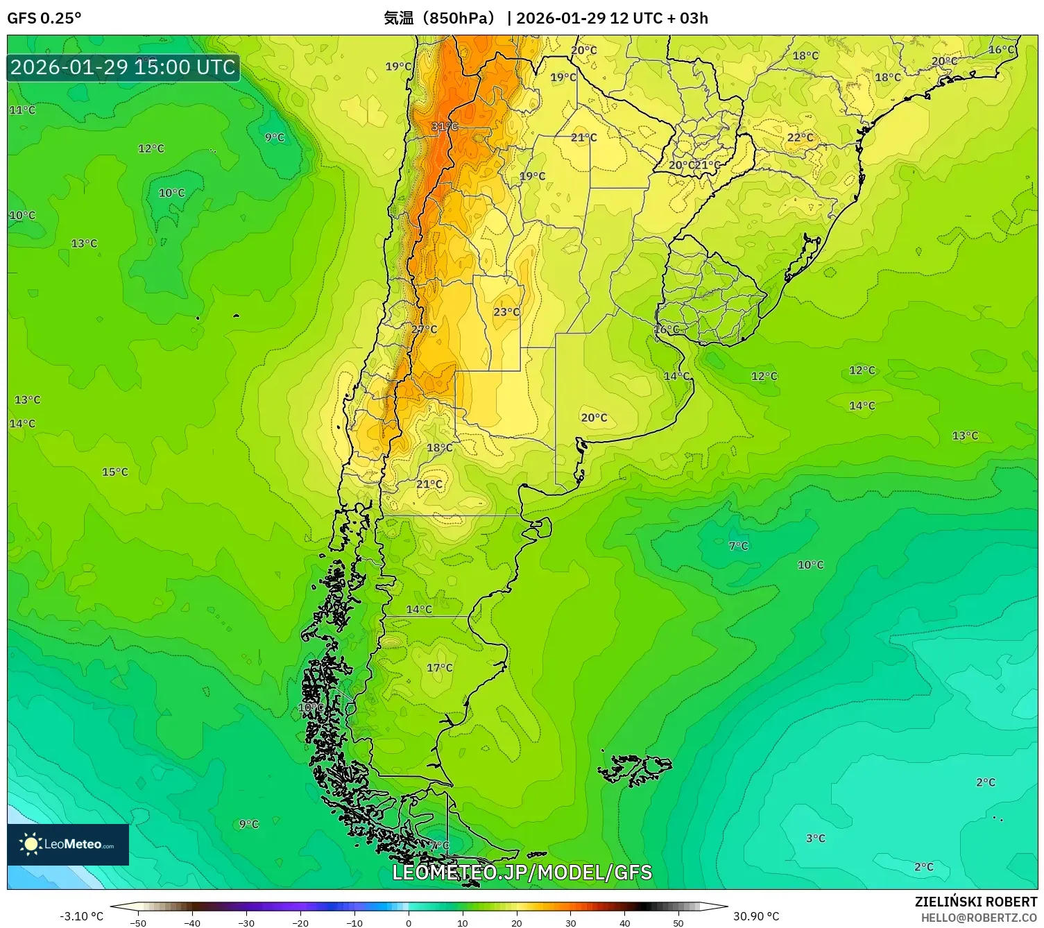 GFS model - アルゼンチン, 気温（850hPa）