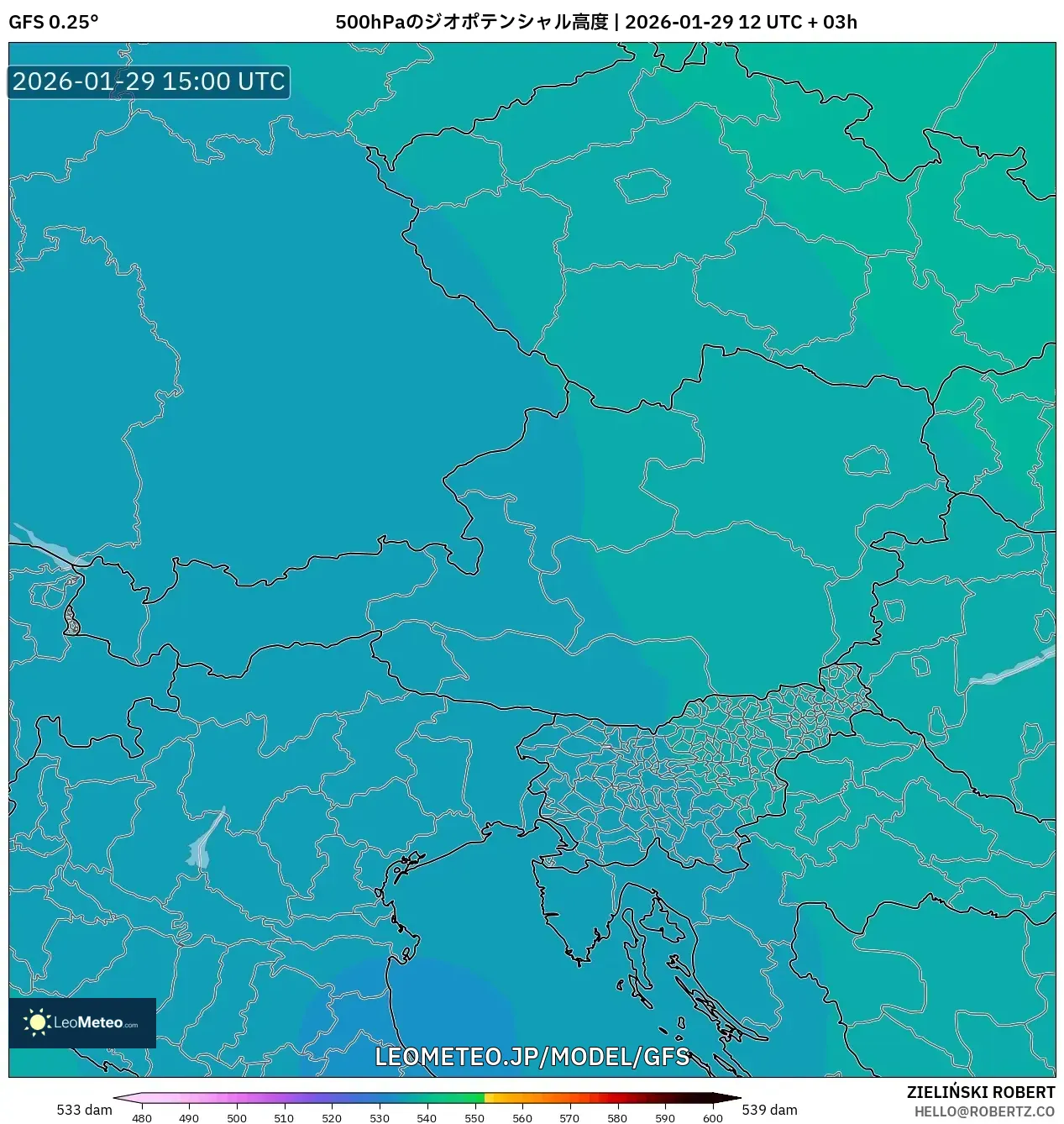 GFS model - オーストリア, 500hPaのジオポテンシャル高度