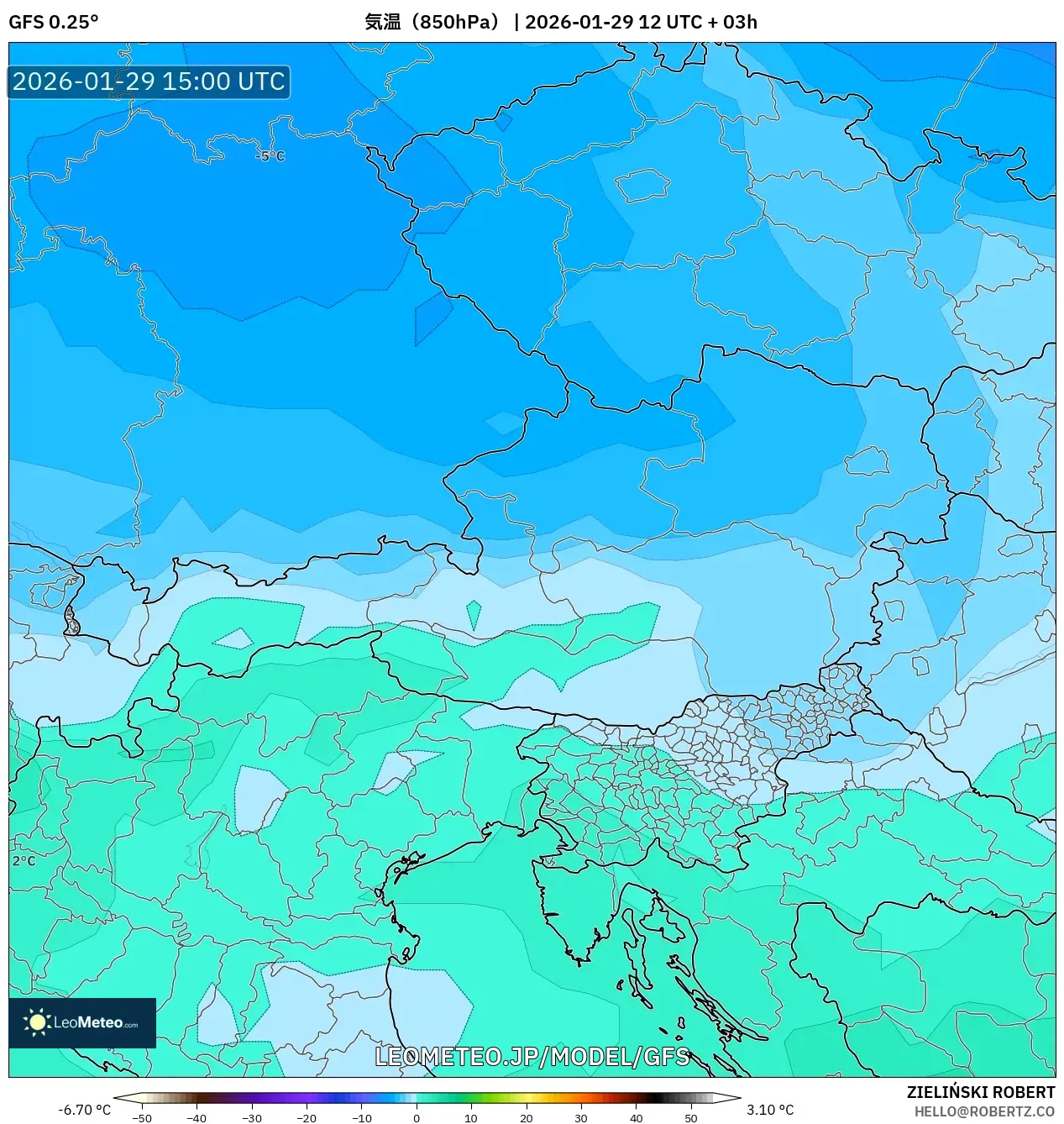 GFS model - オーストリア, 気温（850hPa）