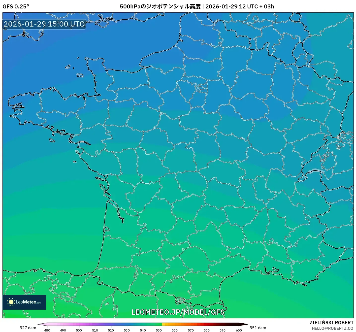 GFS model - フランス, 500hPaのジオポテンシャル高度