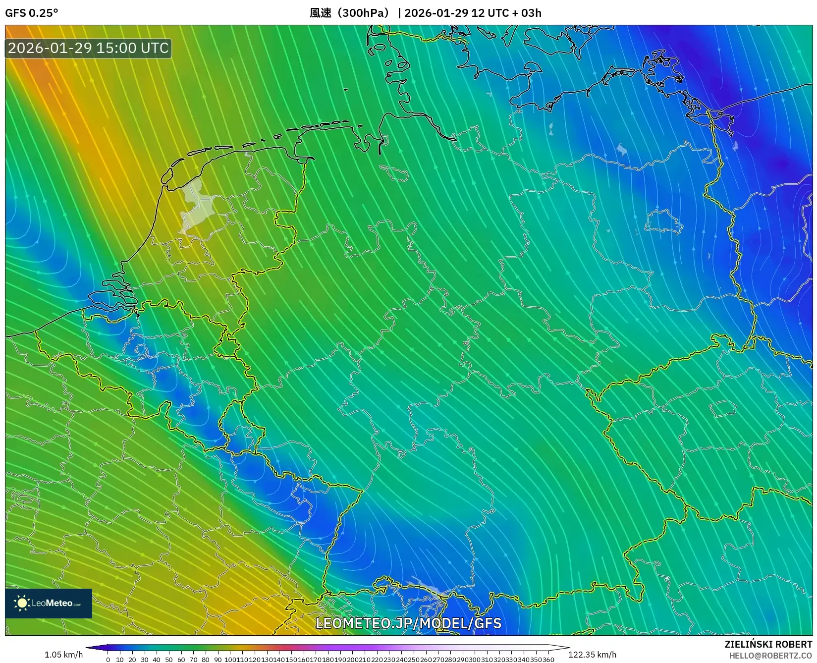 GFS model - ドイツ, 風速（300hPa）