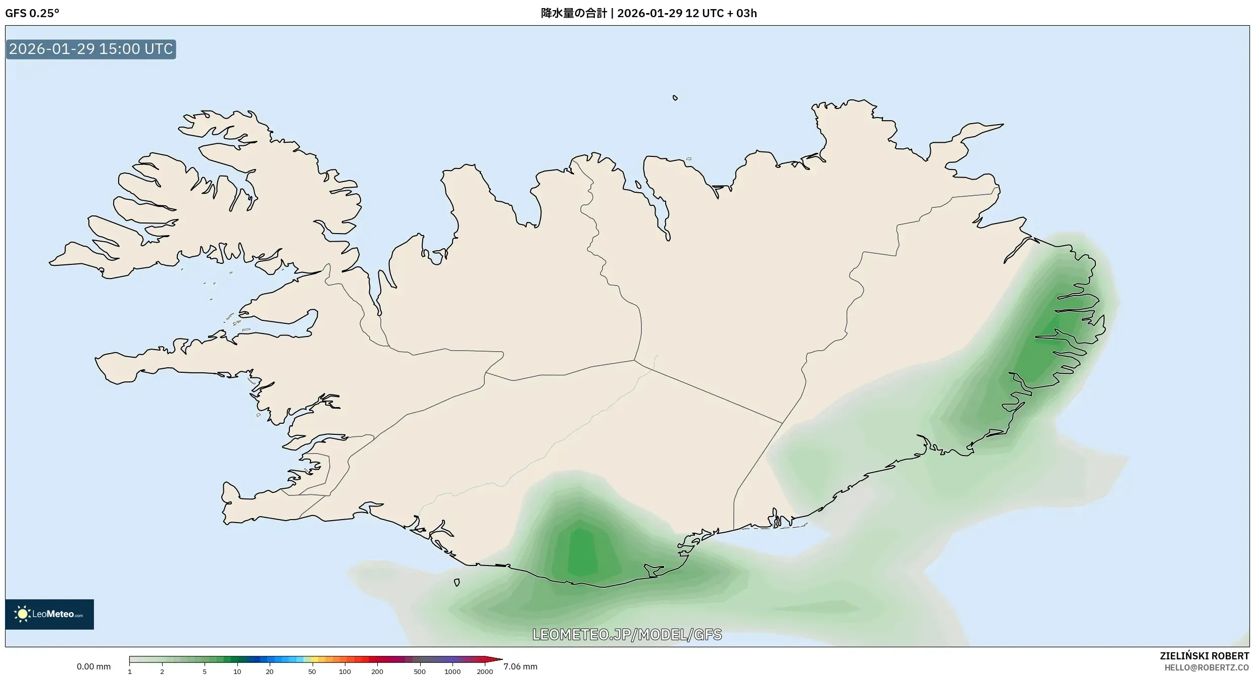 GFS model - アイスランド, 降水量の合計