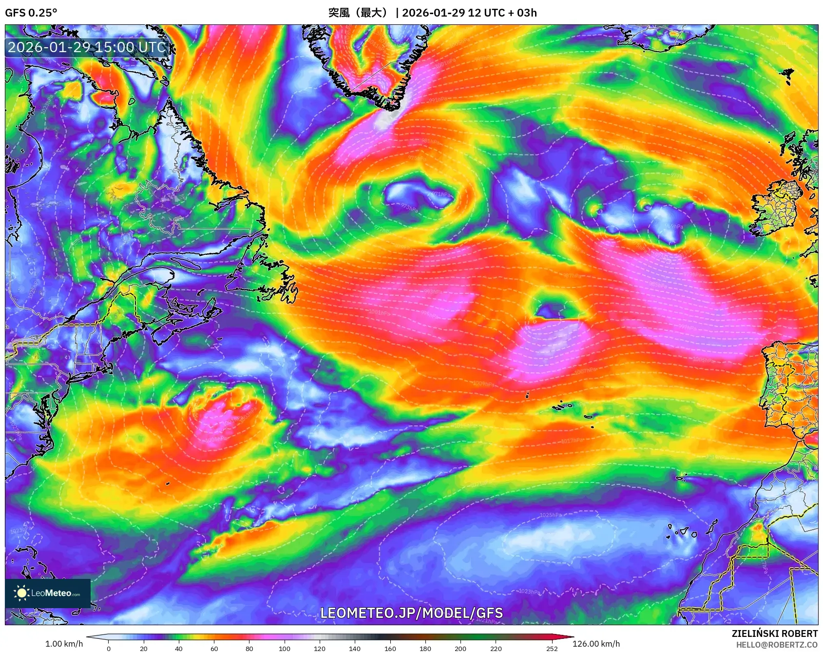 GFS model - 北大西洋, 突風（最大）