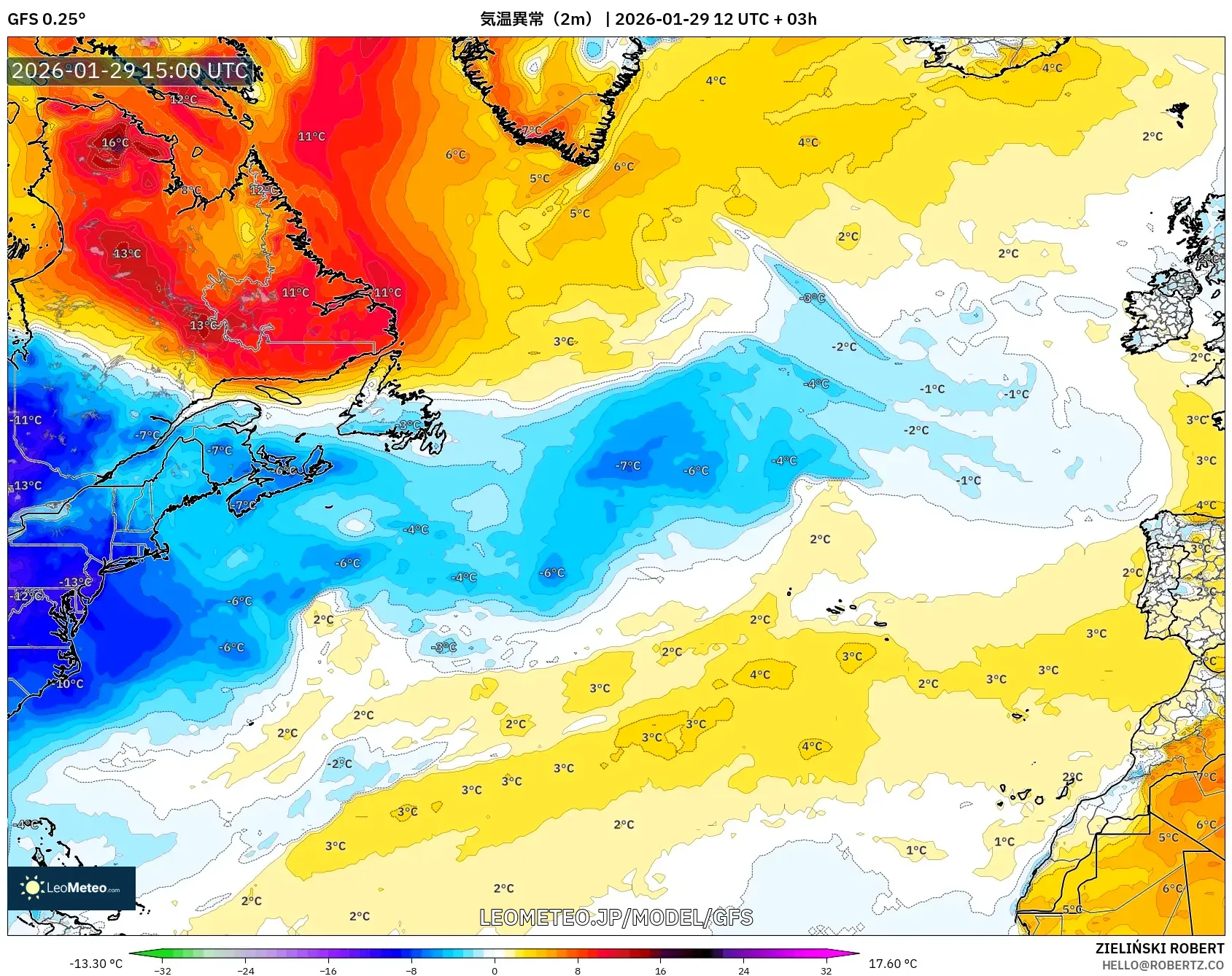 GFS model - 北大西洋, 気温異常（2m）