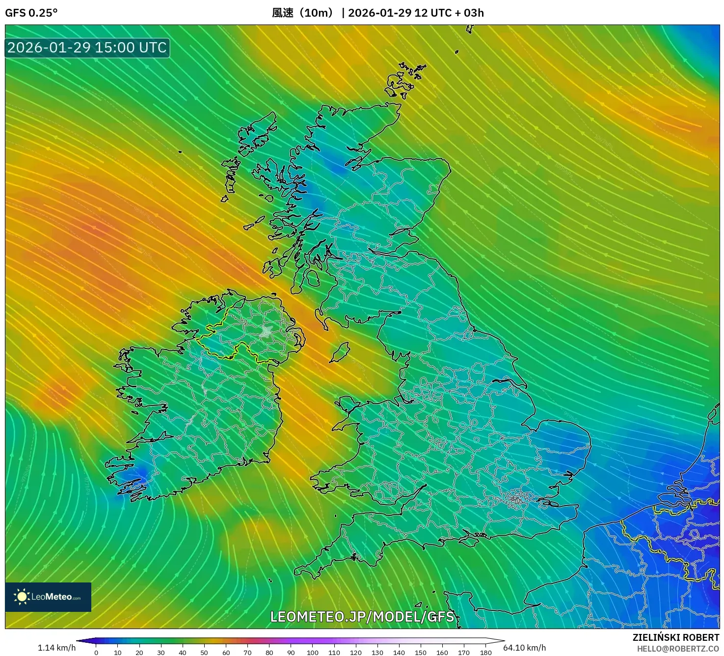 GFS model - イギリス, 風速（10m）