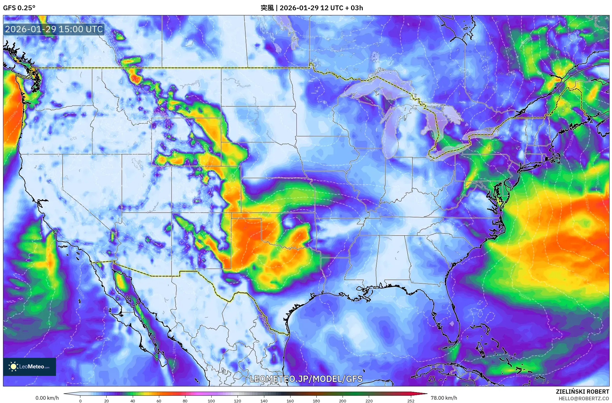 GFS model - アメリカ合衆国, 突風
