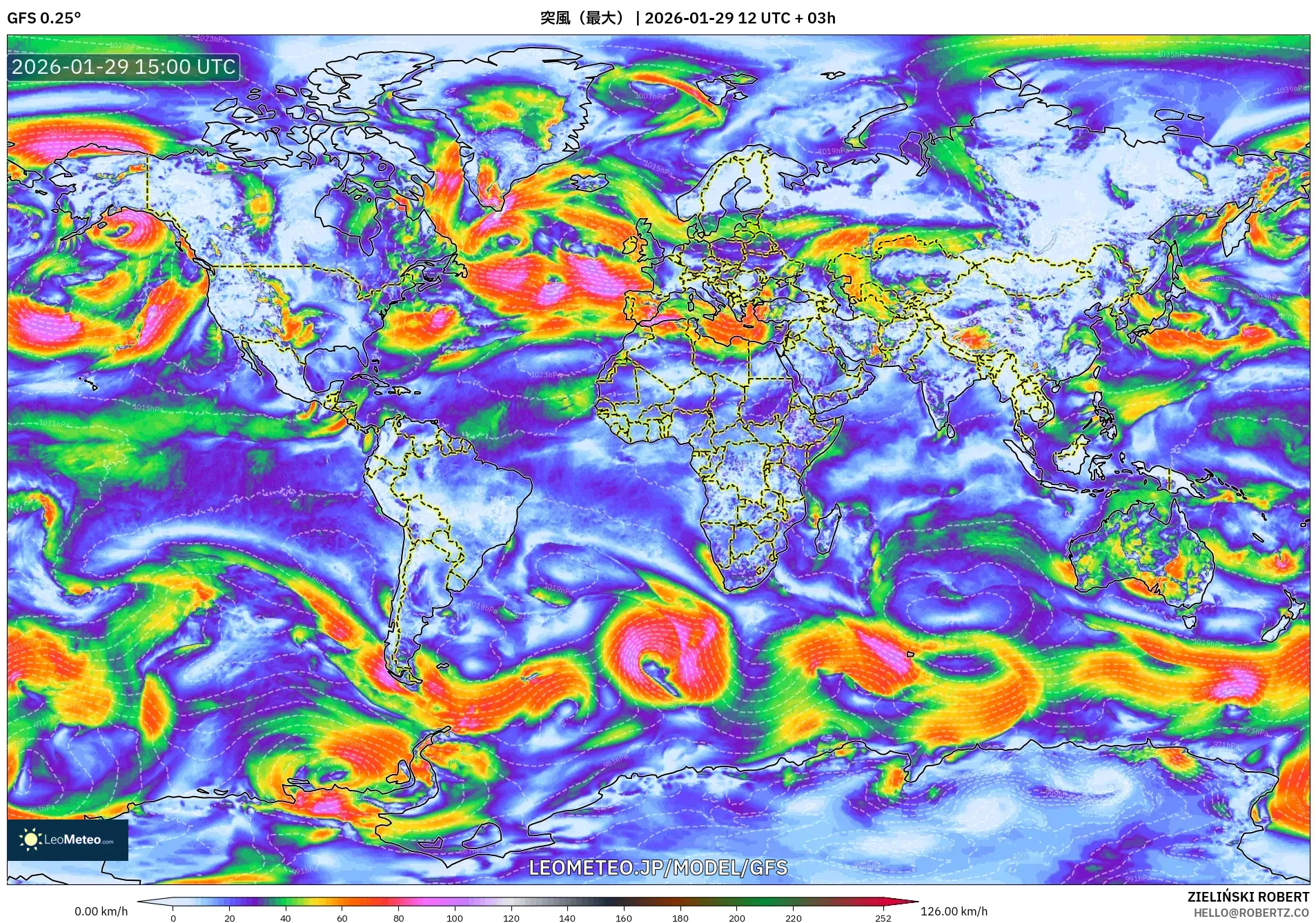 GFS model - 世界, 突風（最大）