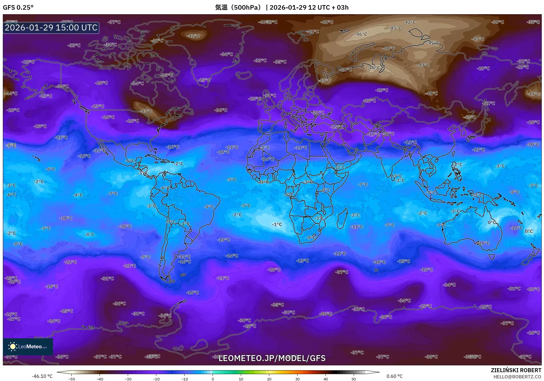 GFS model - 世界, 気温（500hPa）