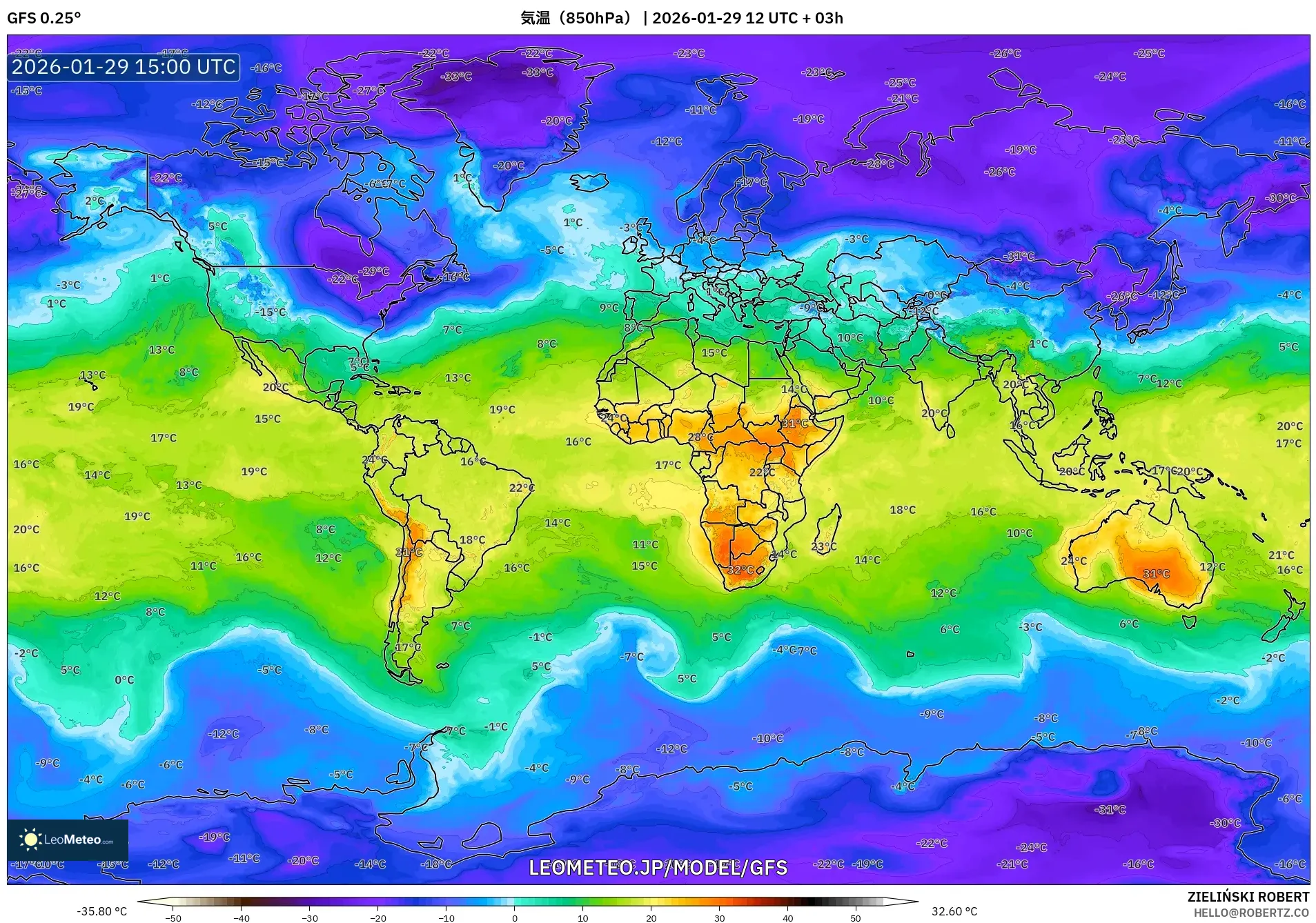 GFS model - 世界, 気温（850hPa）