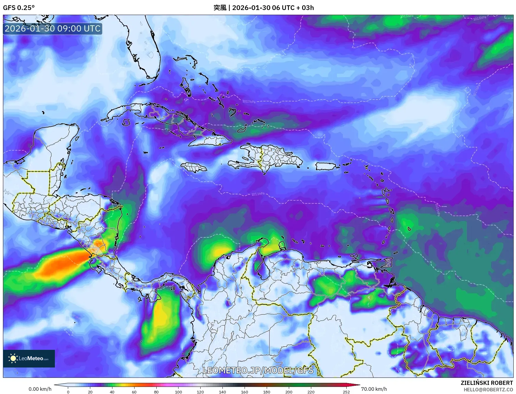 GFS model - カリブ海, 突風