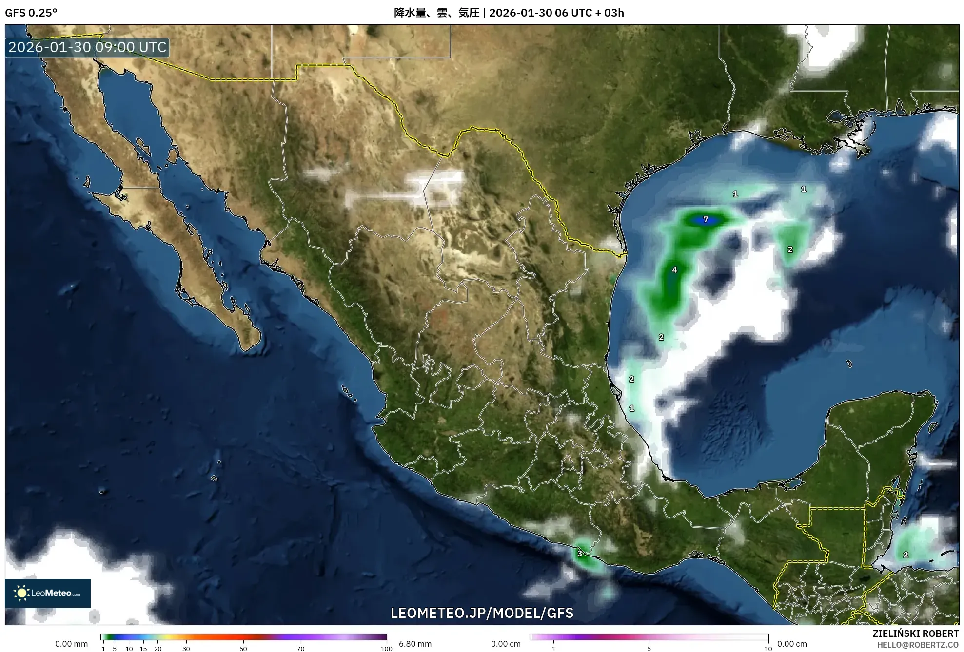 GFS model - メキシコ, 降水量、雲、気圧