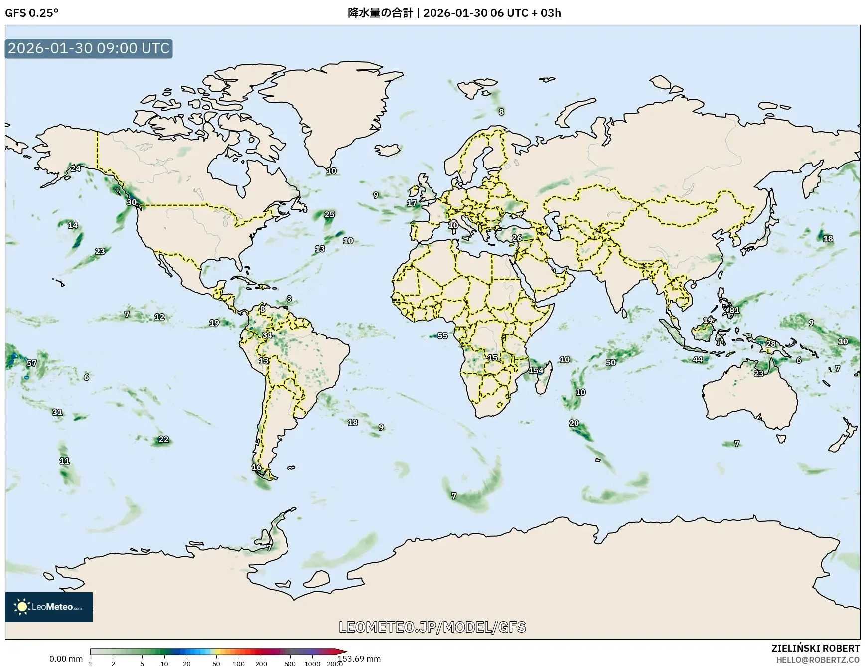 GFS model - 世界, 降水量の合計
