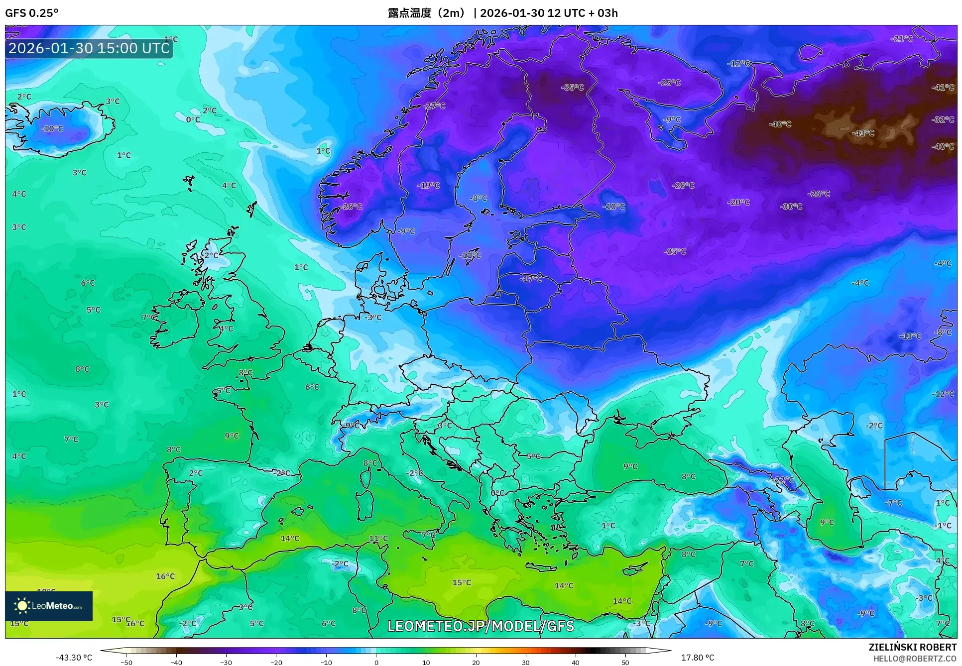 GFS model - ヨーロッパ, 露点温度（2m）
