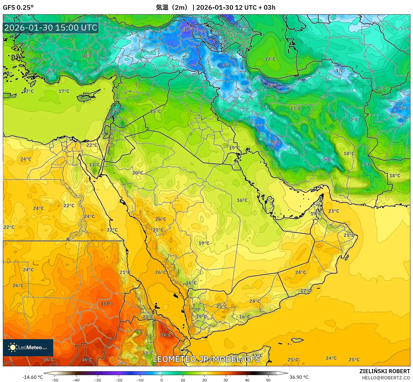 GFS model - 中東, 気温（2m）