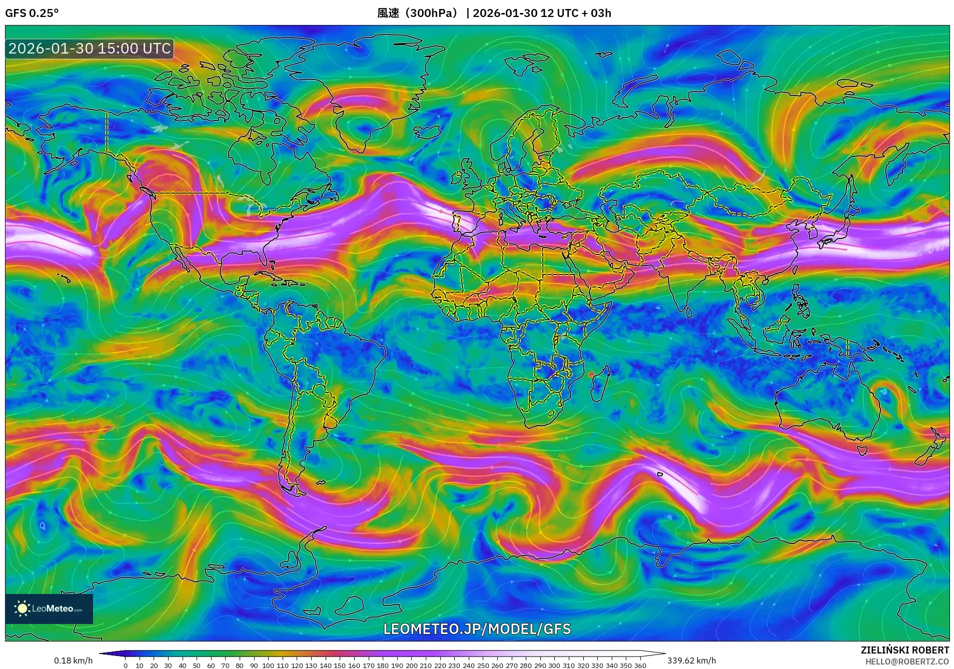 GFS model - 世界, 風速（300hPa）