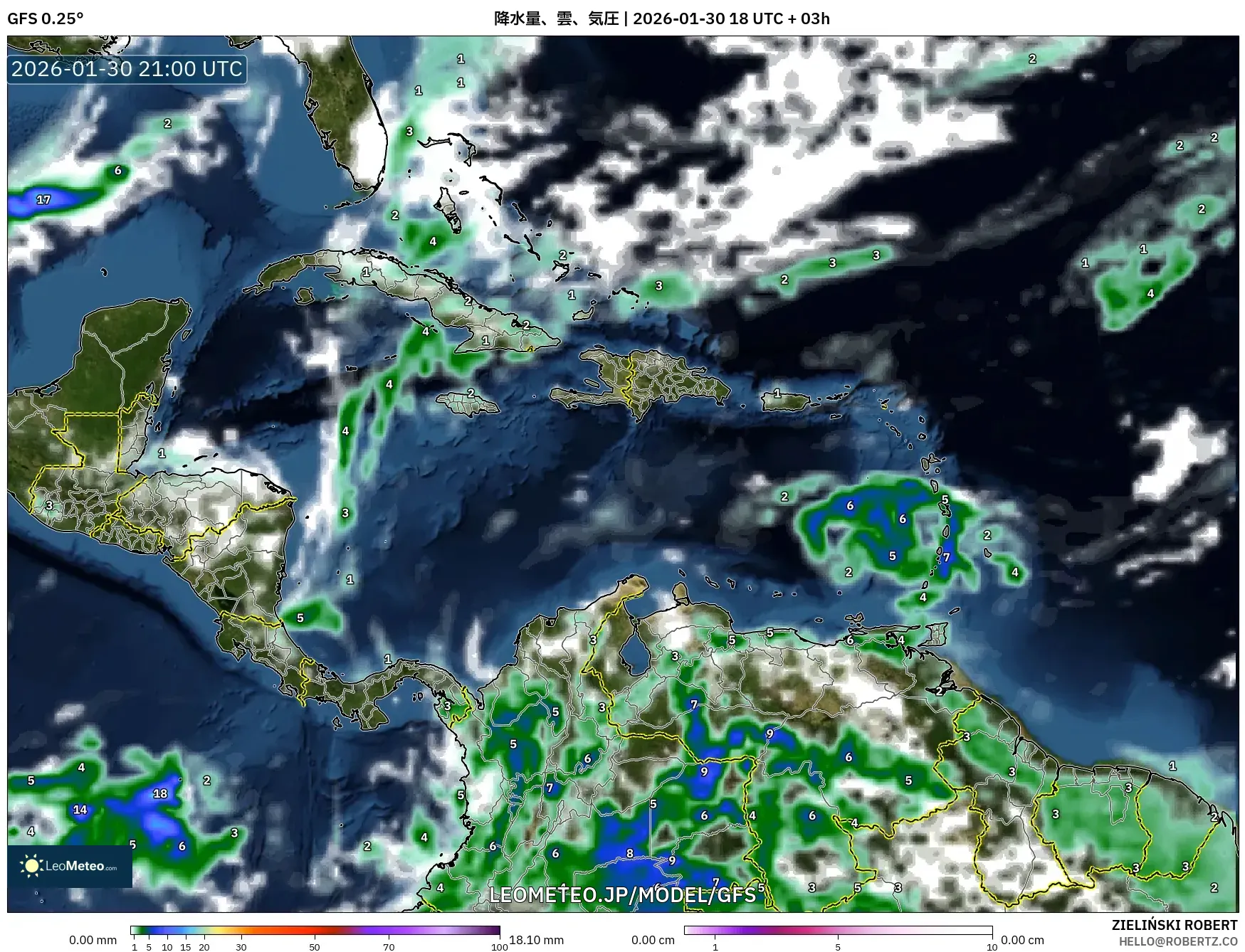GFS model - カリブ海, 降水量、雲、気圧