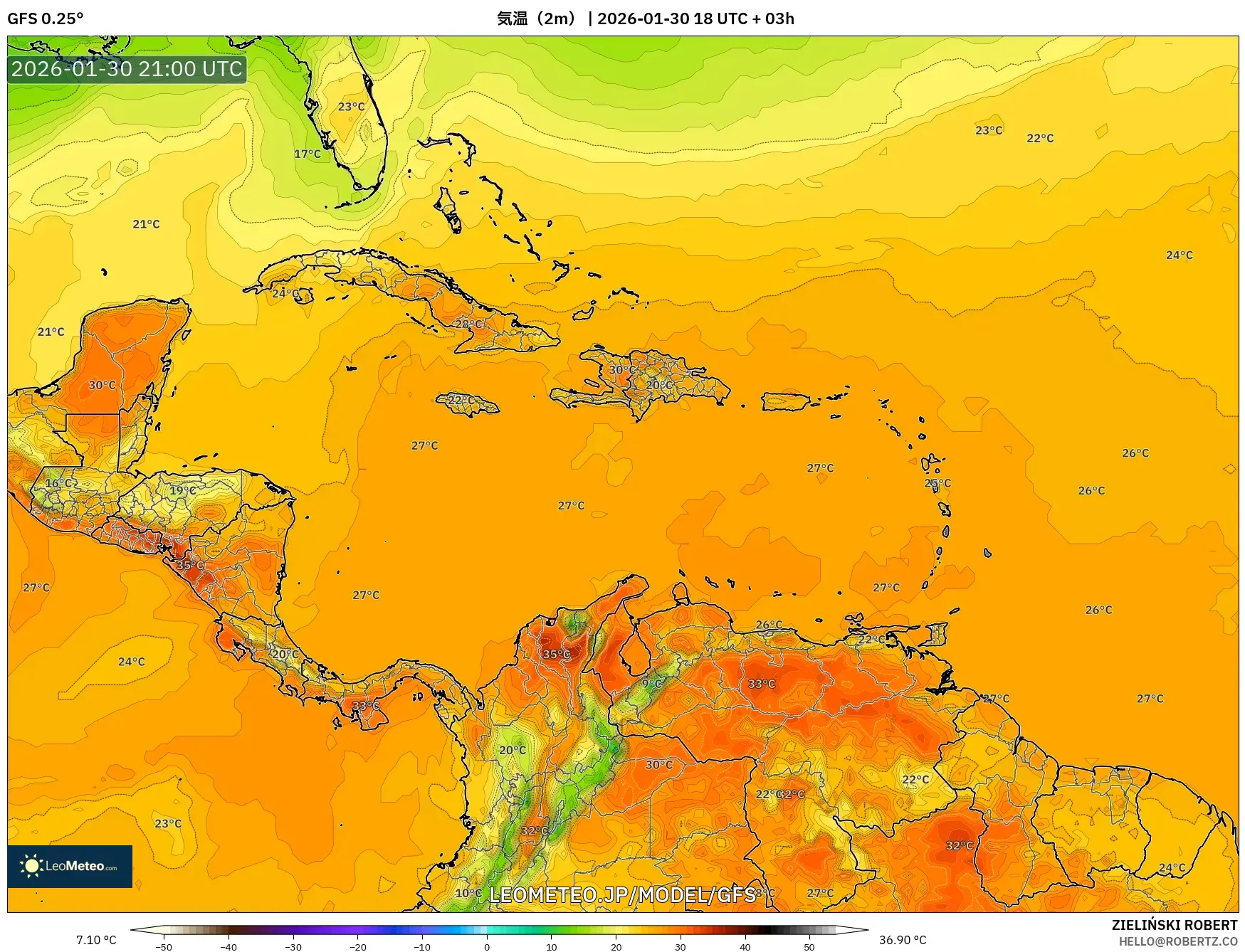 GFS model - カリブ海, 気温（2m）