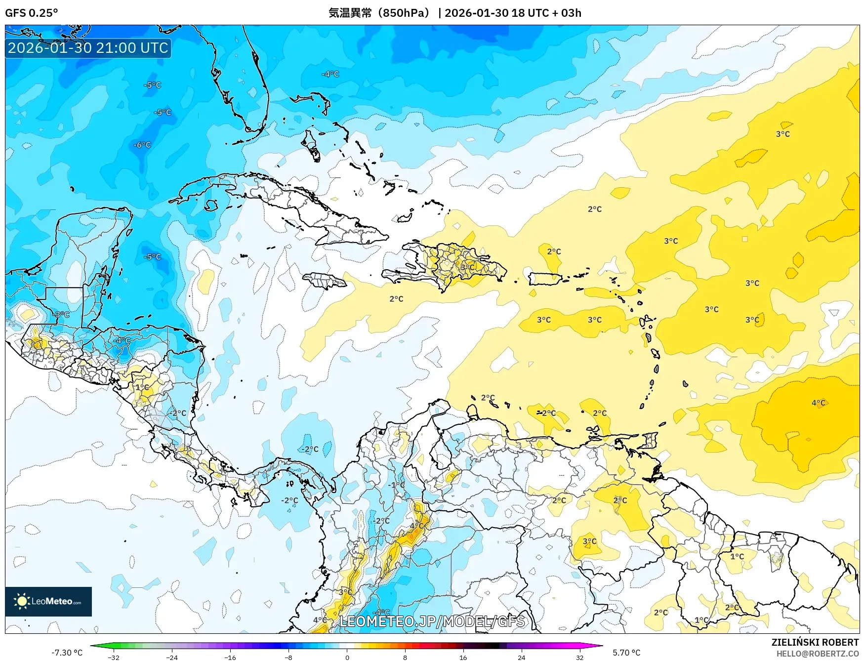 GFS model - カリブ海, 気温異常（850hPa）