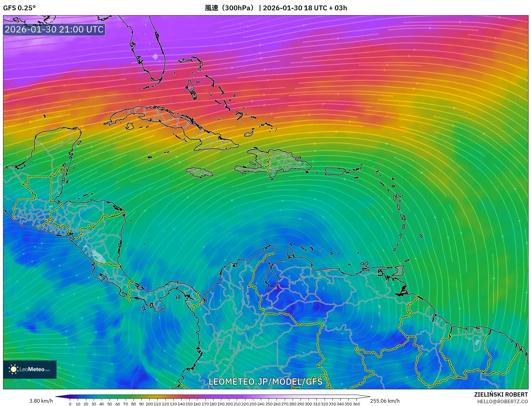 GFS model - カリブ海, 風速（300hPa）