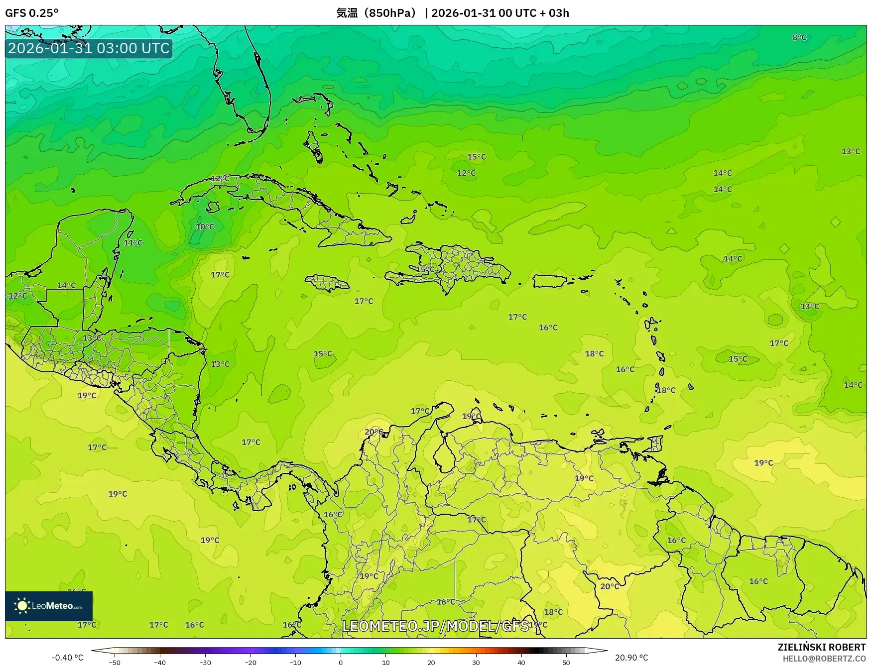 GFS model - カリブ海, 気温（850hPa）