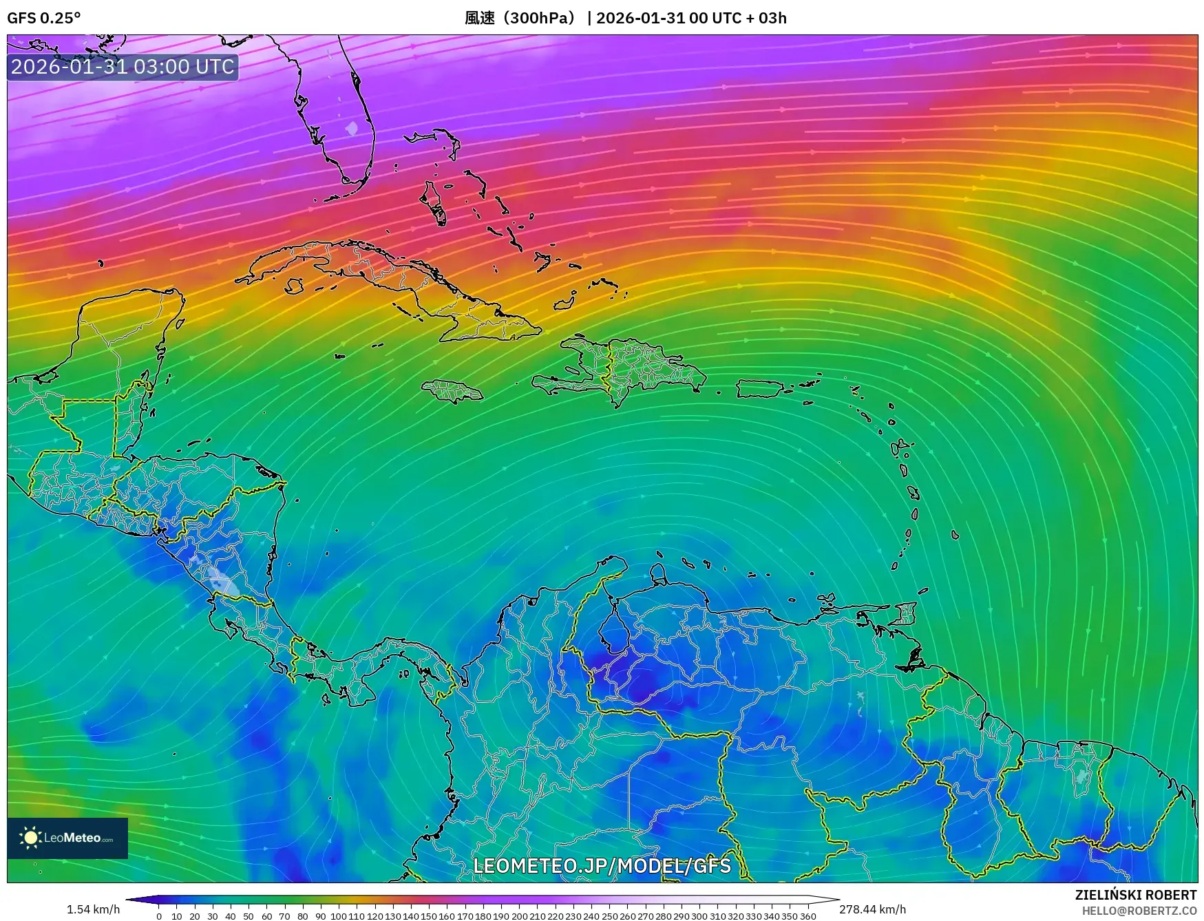 GFS model - カリブ海, 風速（300hPa）