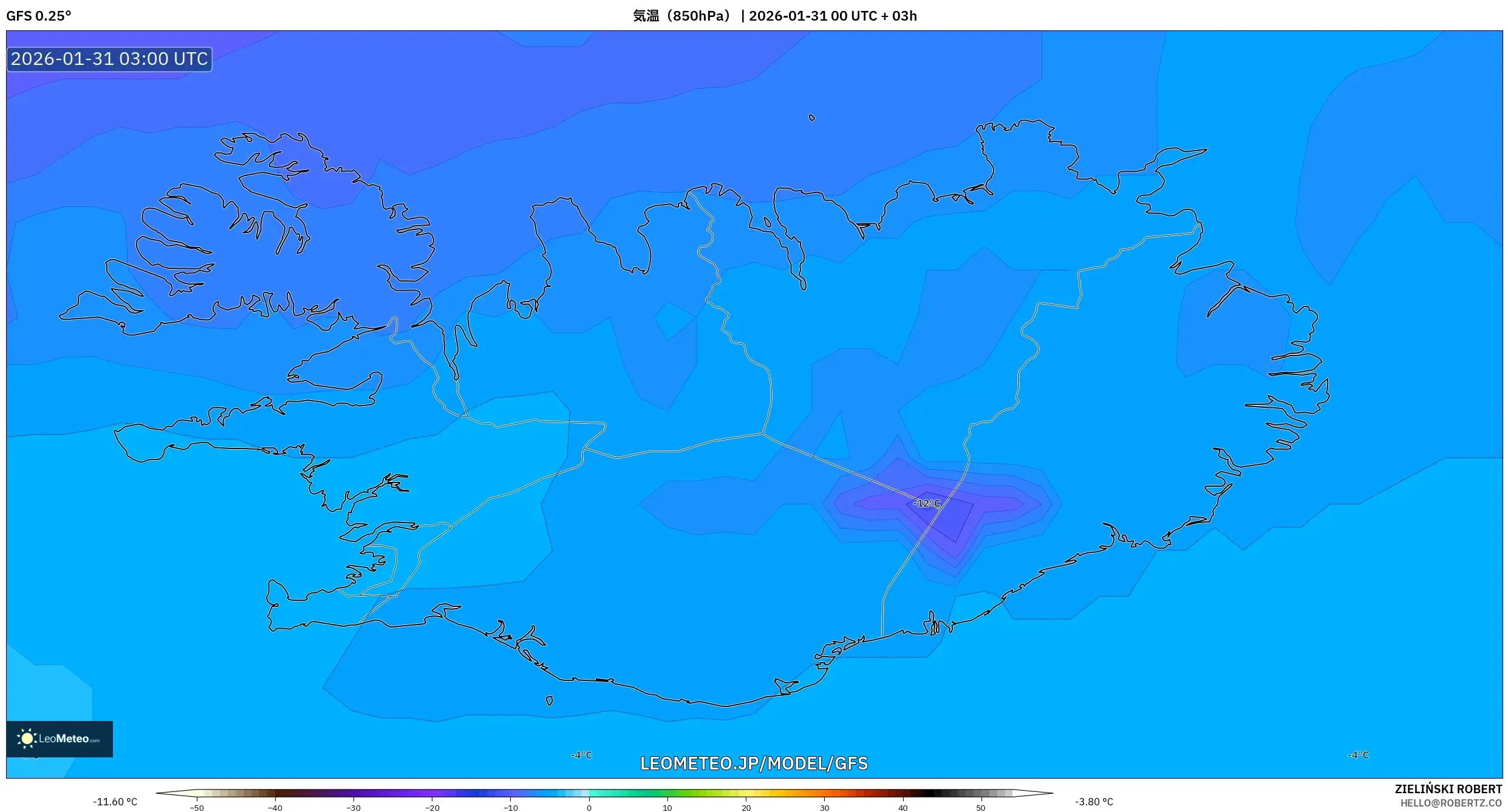GFS model - アイスランド, 気温（850hPa）